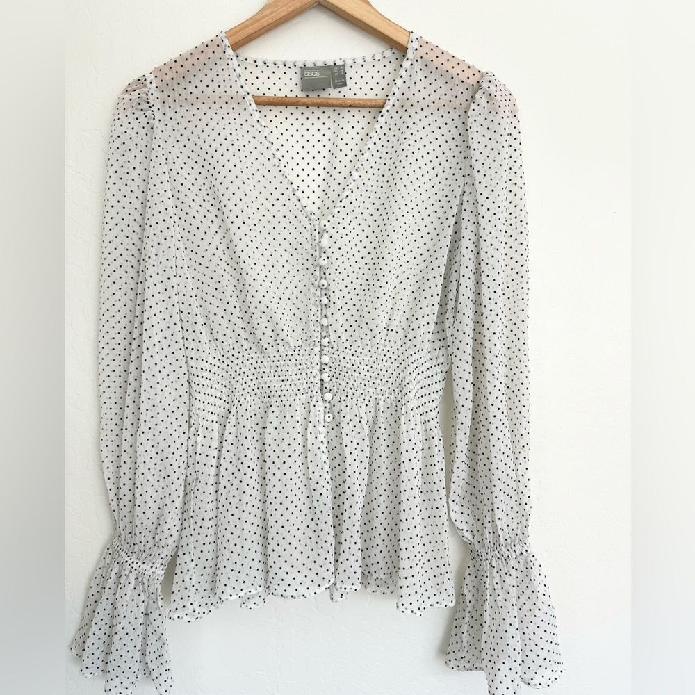 ASOS Design sheer white polka dot long sleeve blouse top